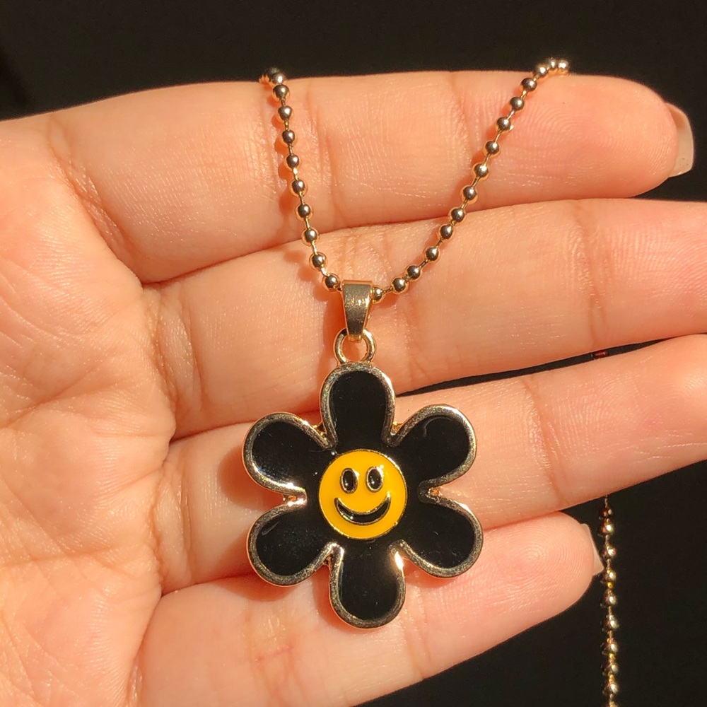 Gold & Black happy face flower necklace
